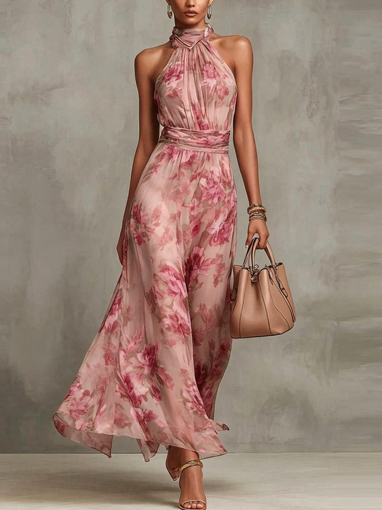 Abito Maxi Halter in Chiffon Verde con Fiori