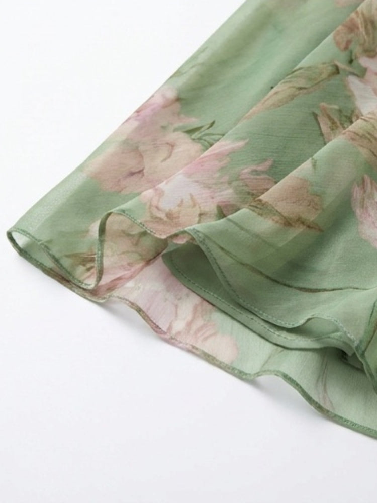 Abito Maxi Halter in Chiffon Verde con Fiori