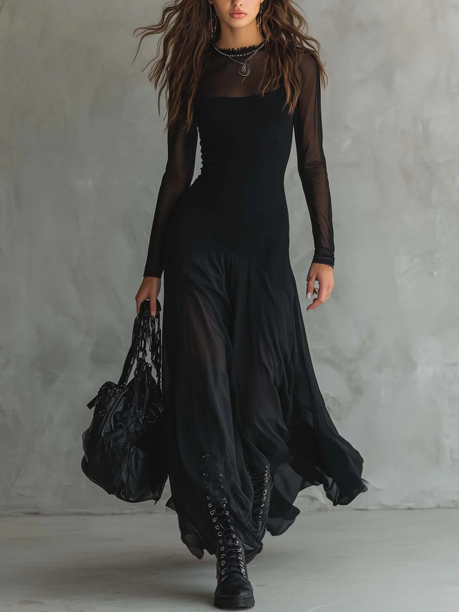 Abito Maxi in Tulle Nero Patchwork