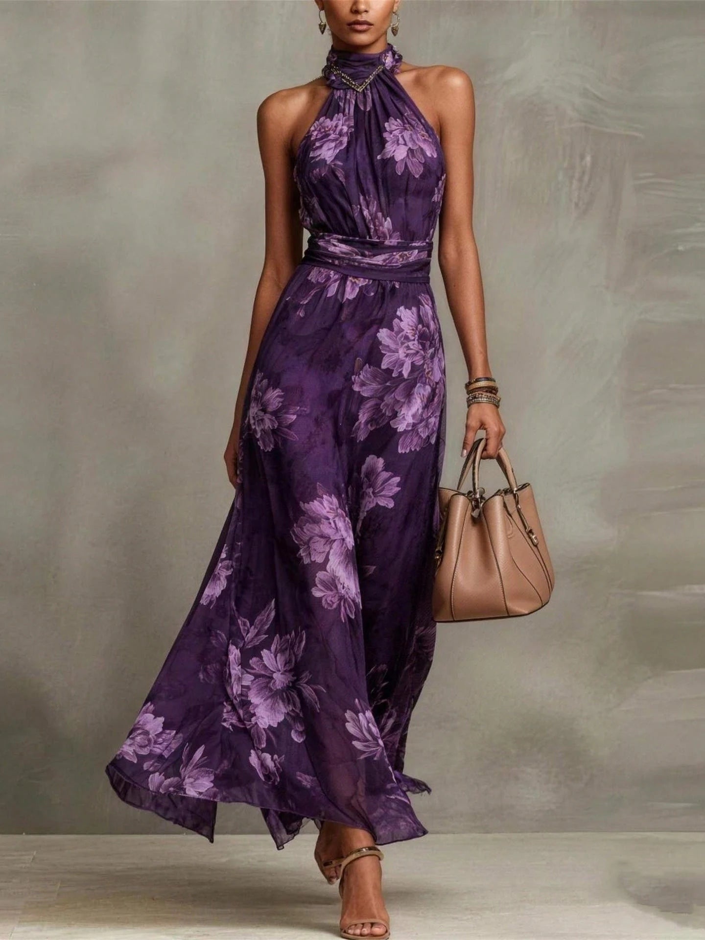 Abito Maxi Halter in Chiffon Verde con Fiori