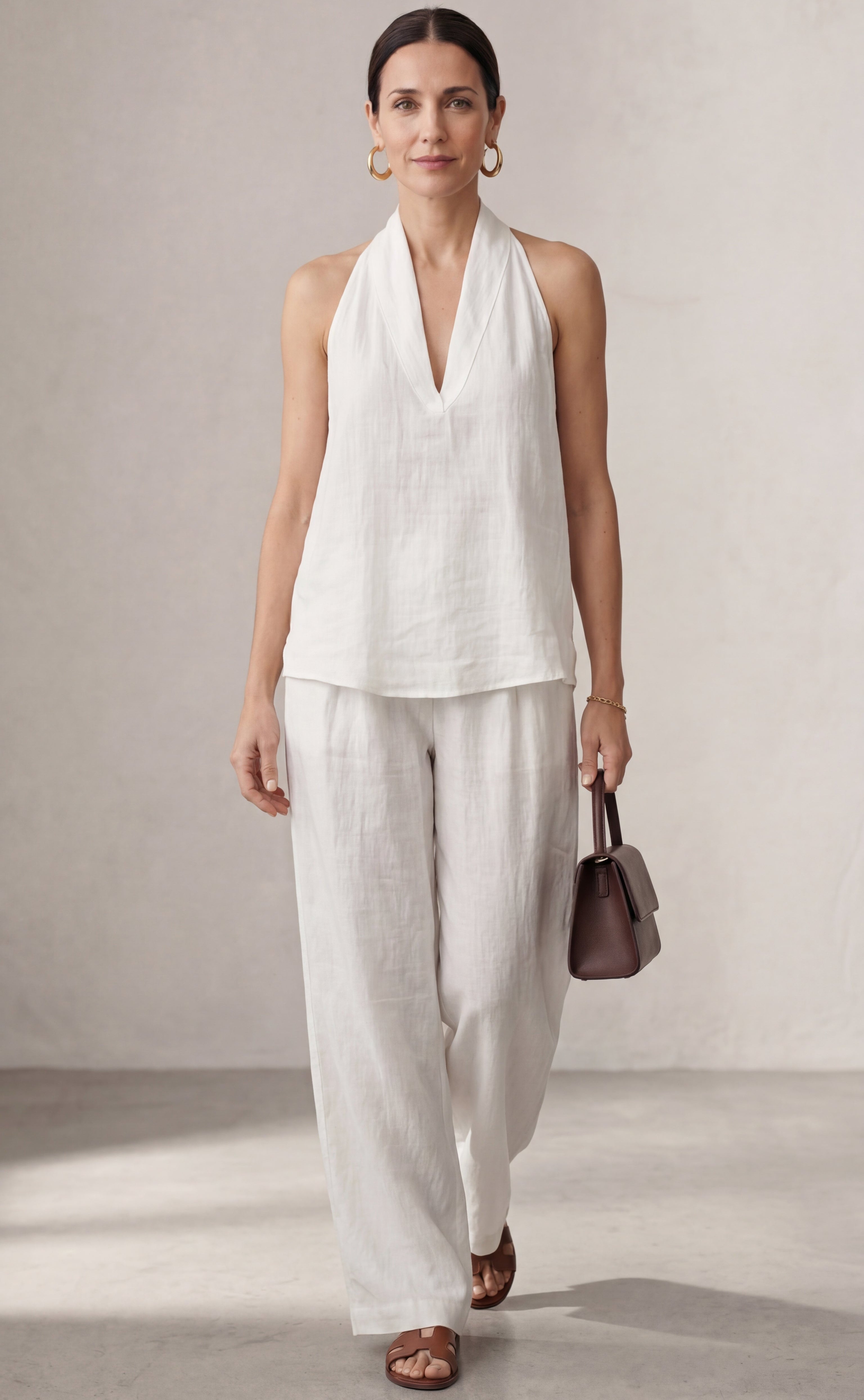 Completo in lino con scollo a V e pantaloni ampi