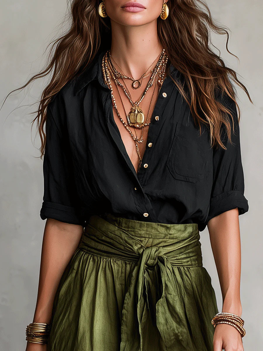 Vera | Completo due pezzi: top nero e gonna midi verde oliva