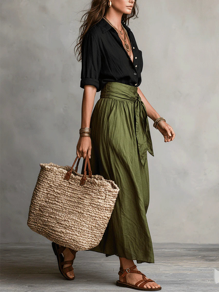 Vera | Completo due pezzi: top nero e gonna midi verde oliva