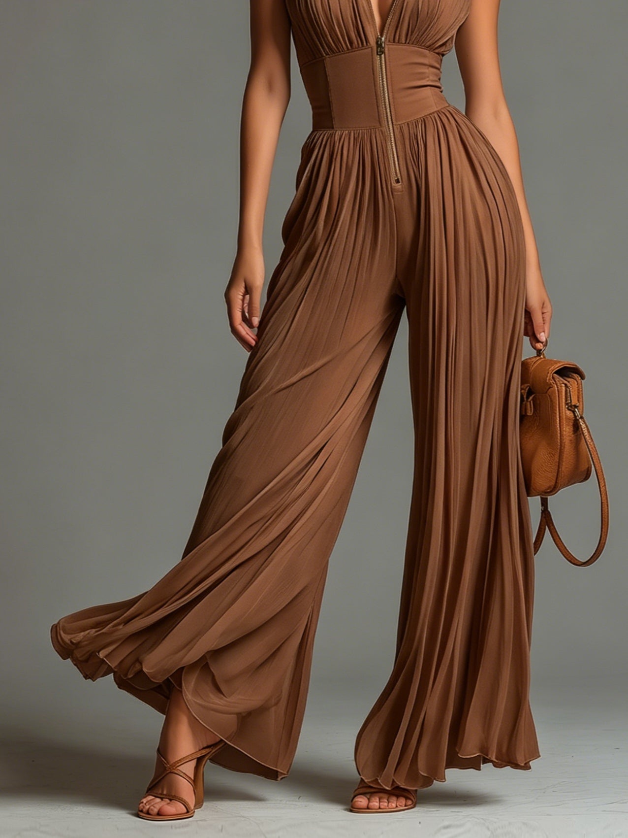 Tuta in Chiffon Marrone Senza Maniche con Zip e Pieghe a Gamba Larga