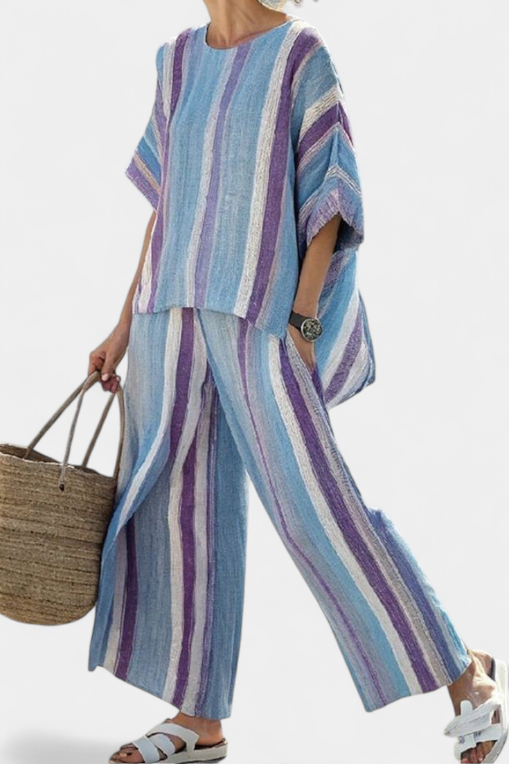 Ginevra — Top elegante in malva pastello e pantaloni in lino a righe