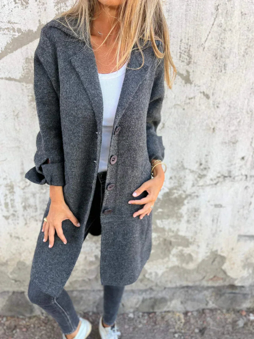 Milena – Cappotto Lungo Casual in Lana con Revers e Chiusura Monopetto