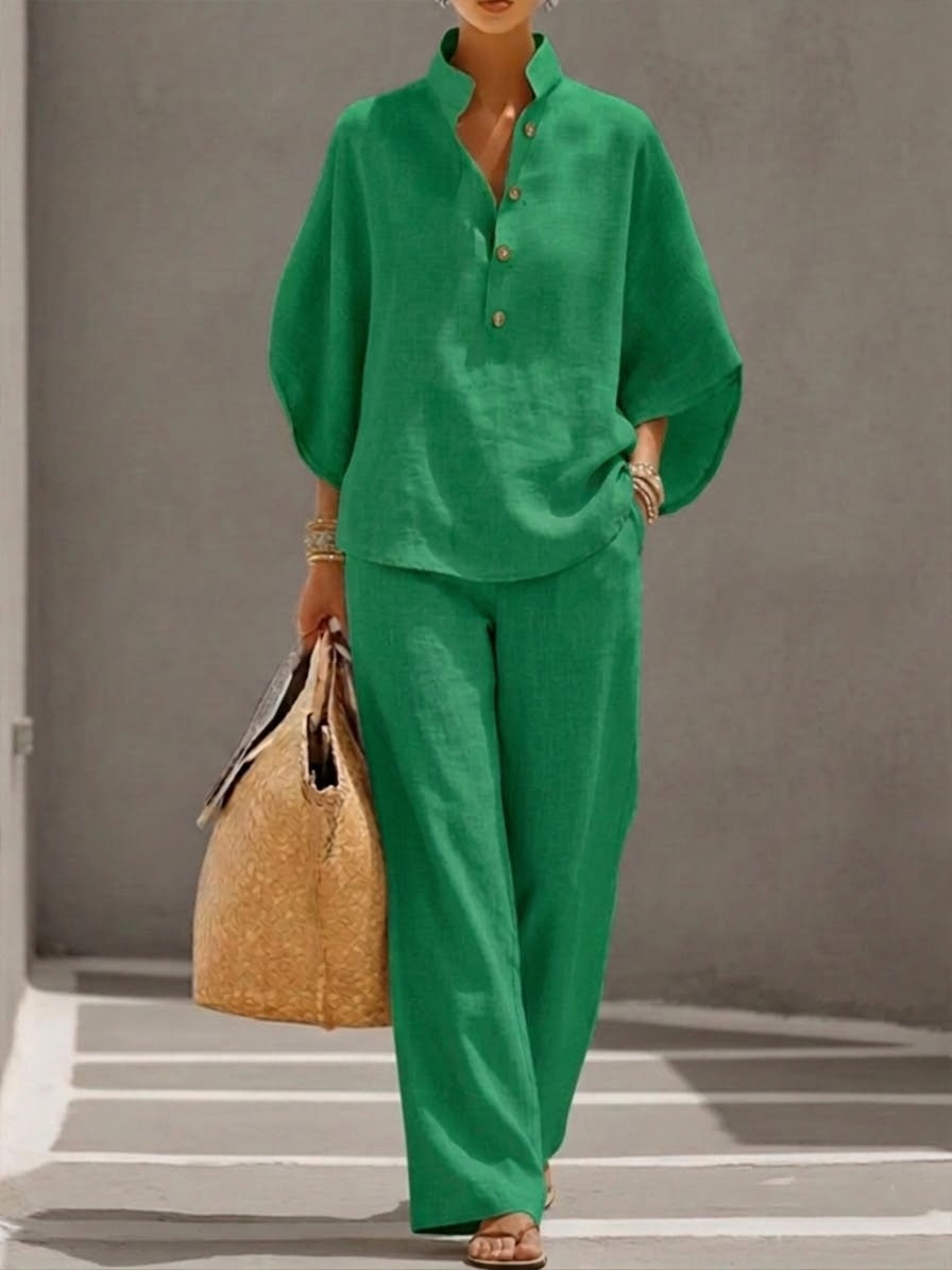 Mariel | Completo due pezzi effetto lino con maniche a pipistrello e pantalone fluido