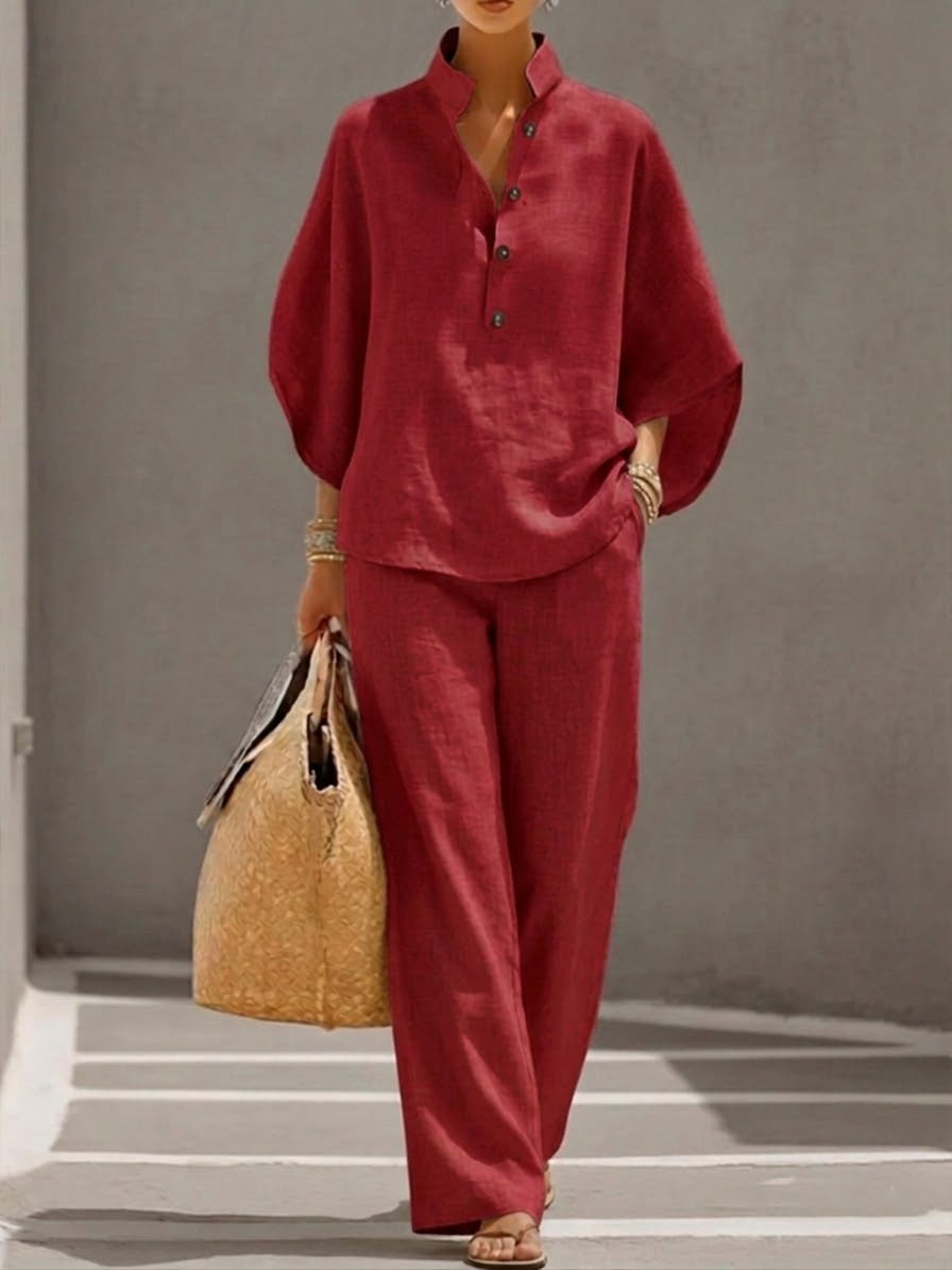Mariel | Completo due pezzi effetto lino con maniche a pipistrello e pantalone fluido