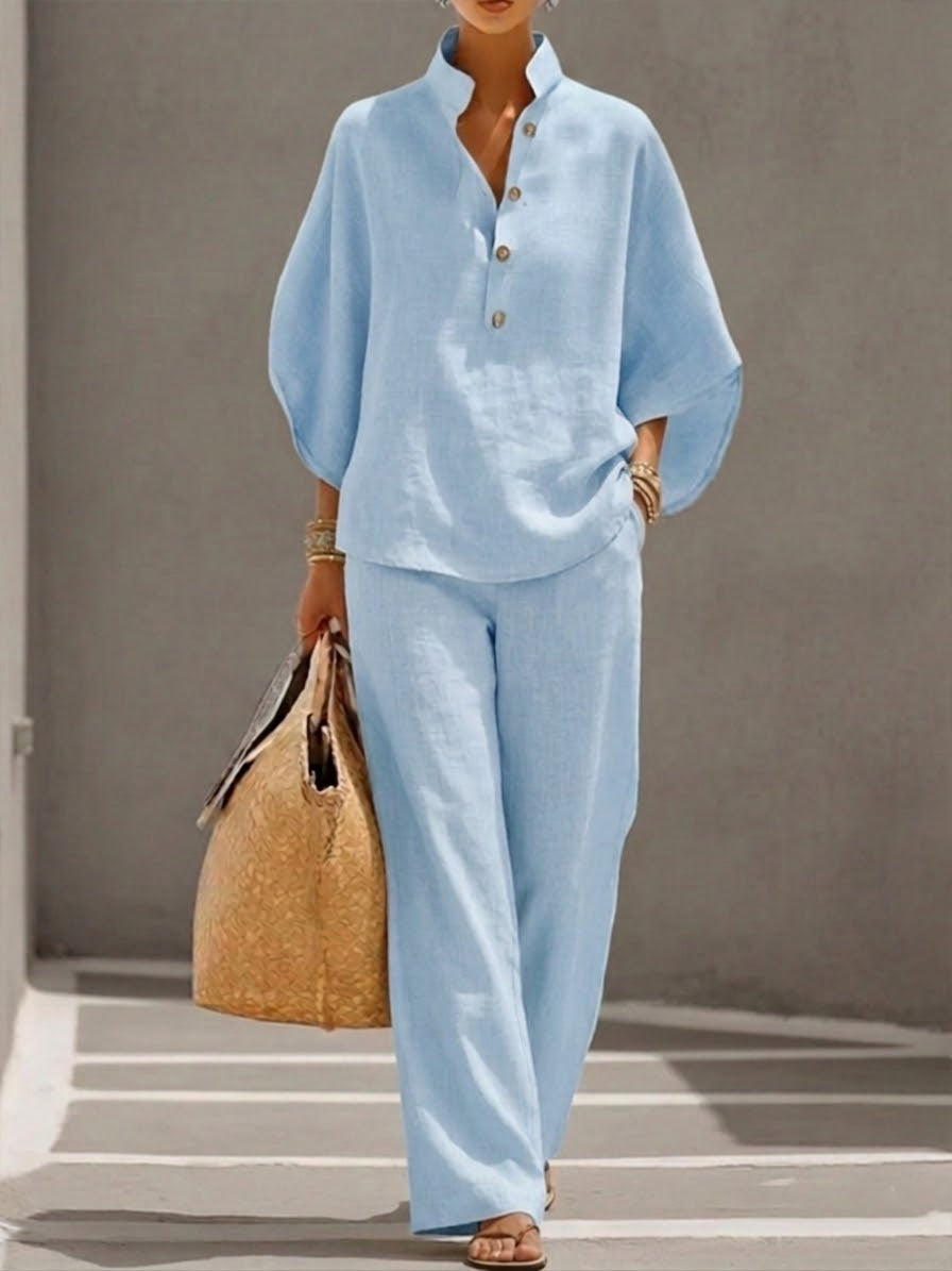 Mariel | Completo due pezzi effetto lino con maniche a pipistrello e pantalone fluido