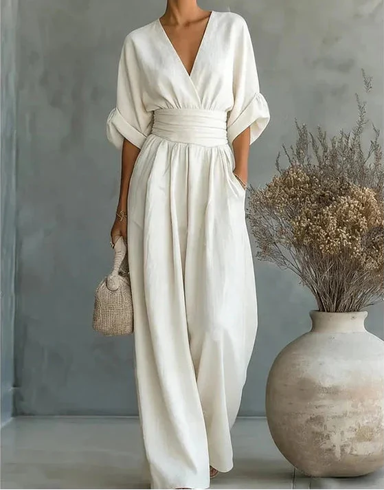 Daniela - Tuta elegante con scollatura a V e pantaloni a gamba larga