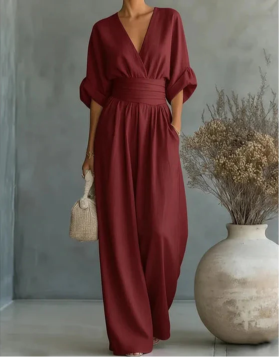 Daniela - Tuta elegante con scollatura a V e pantaloni a gamba larga