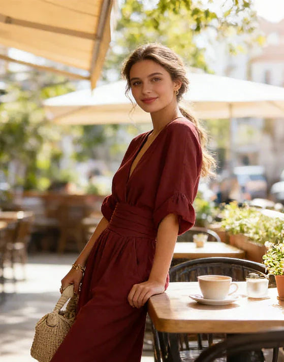 Daniela - Tuta elegante con scollatura a V e pantaloni a gamba larga