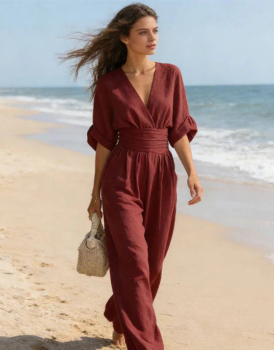 Daniela - Tuta elegante con scollatura a V e pantaloni a gamba larga