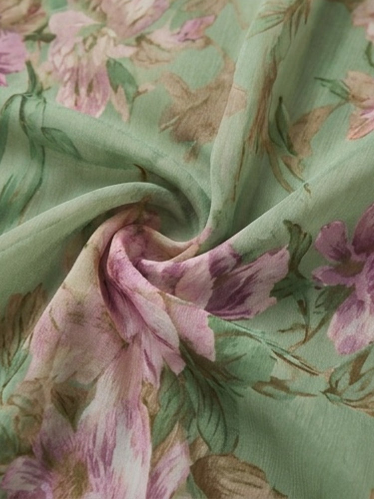 Abito Maxi Halter in Chiffon Verde con Fiori