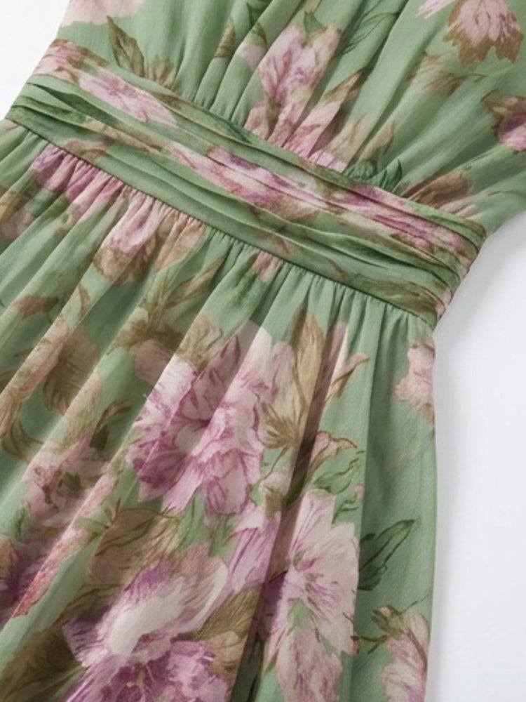 Abito Maxi Halter in Chiffon Verde con Fiori