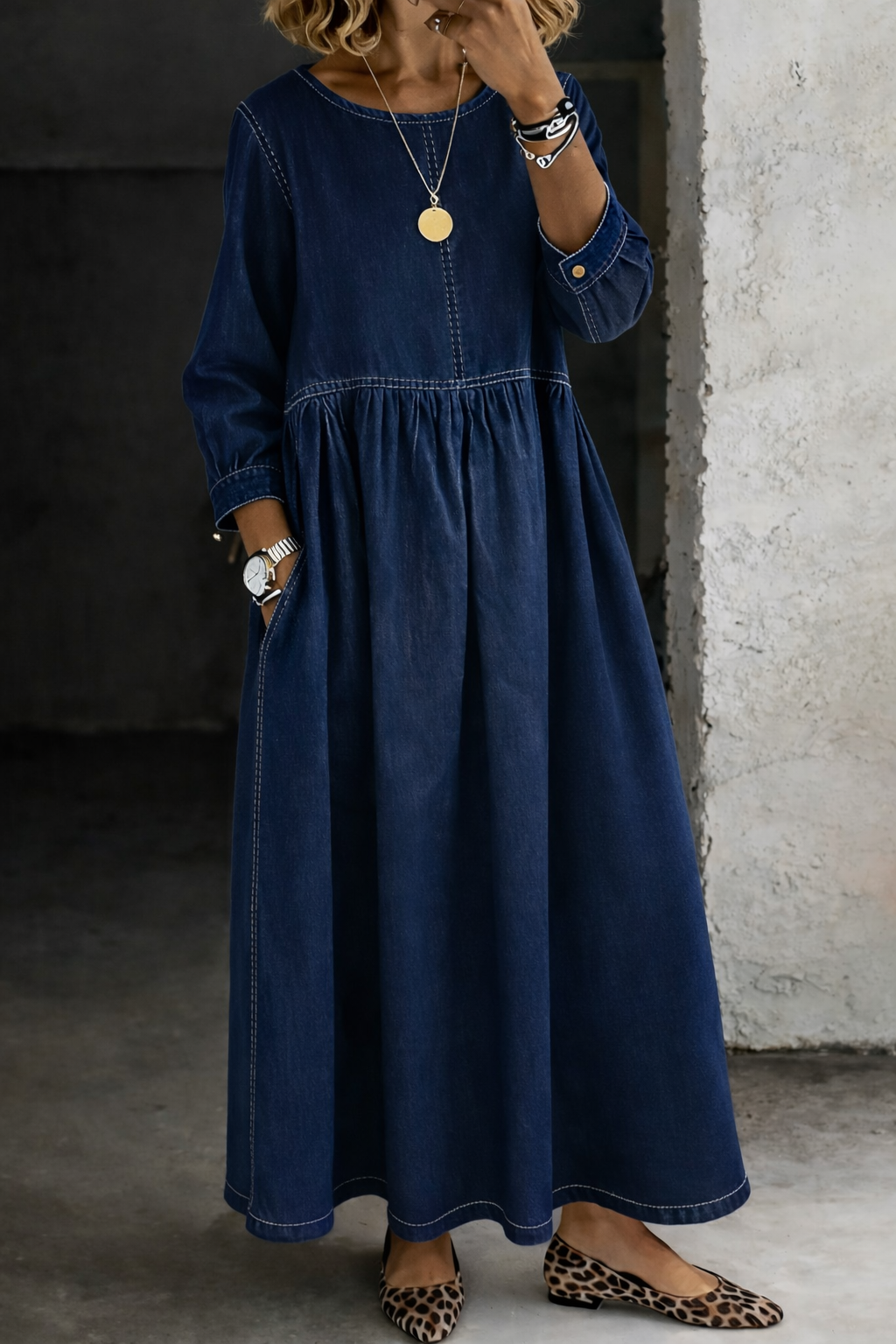 Melissa | Vestito in denim a girocollo a manica lunga