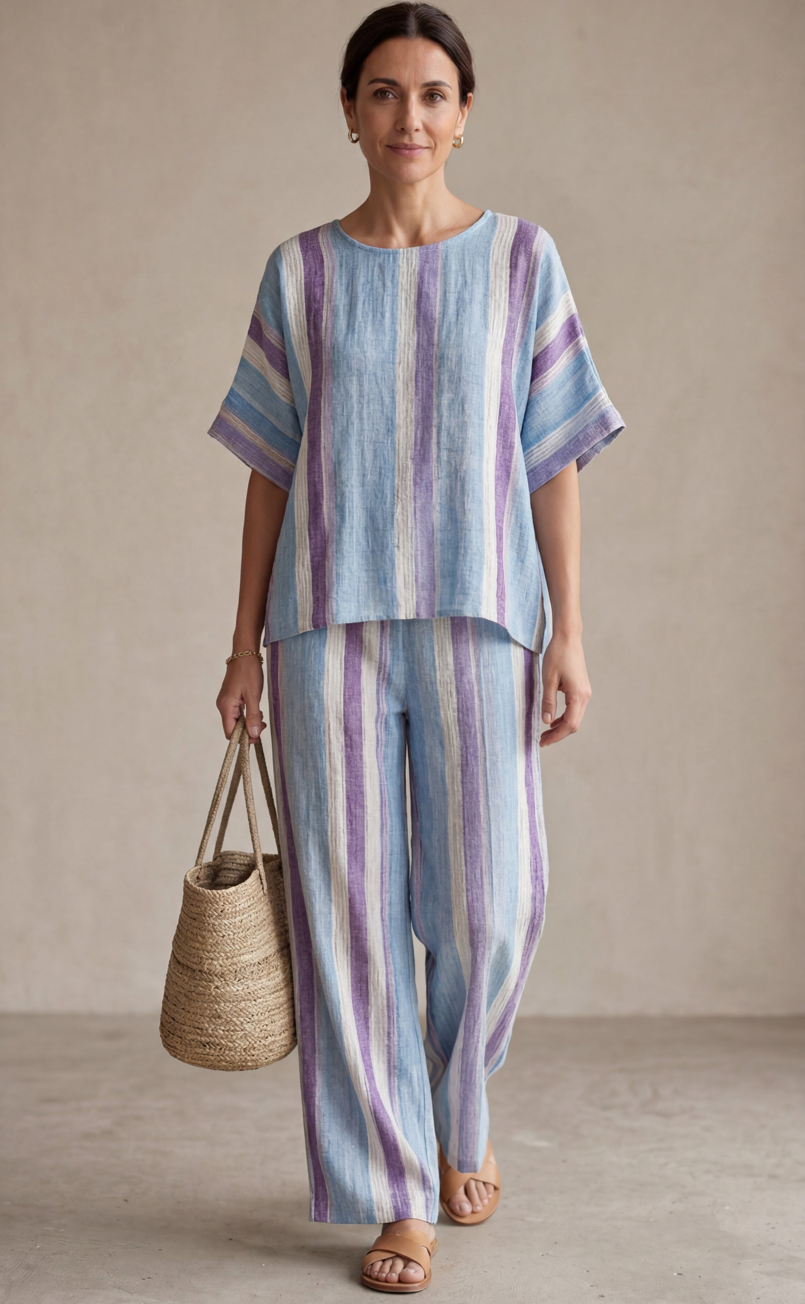 Ginevra — Top elegante in malva pastello e pantaloni in lino a righe