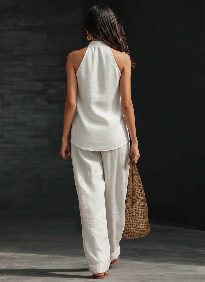 Completo in lino con scollo a V e pantaloni ampi