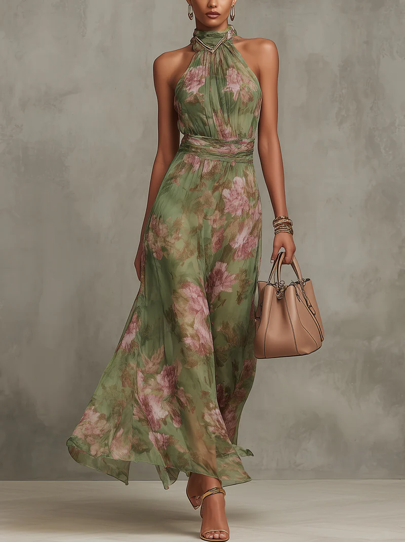 Abito Maxi Halter in Chiffon Verde con Fiori