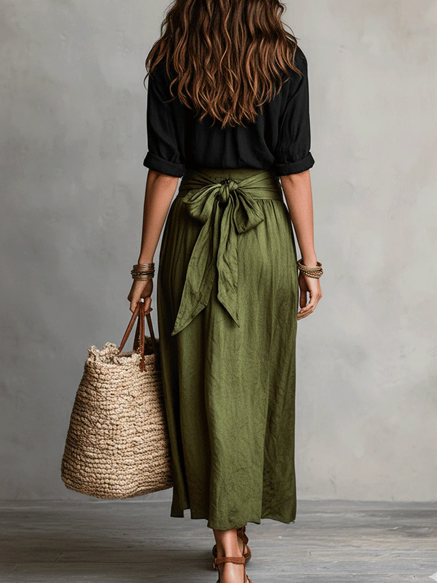 Vera | Completo due pezzi: top nero e gonna midi verde oliva