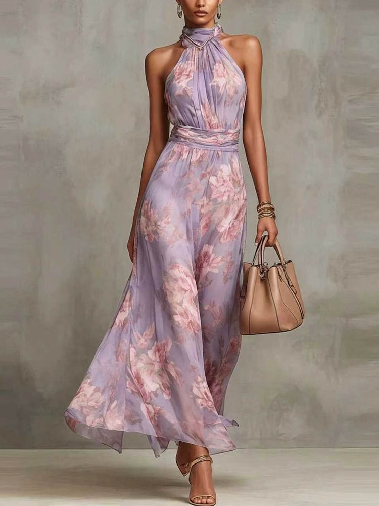 Abito Maxi Halter in Chiffon Verde con Fiori