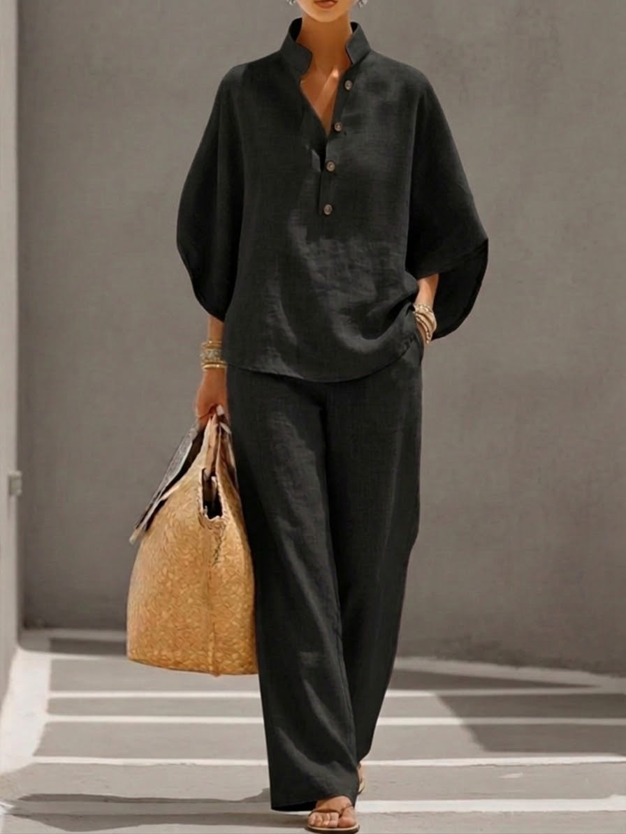 Mariel | Completo due pezzi effetto lino con maniche a pipistrello e pantalone fluido