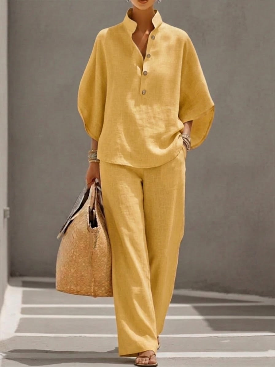 Mariel | Completo due pezzi effetto lino con maniche a pipistrello e pantalone fluido