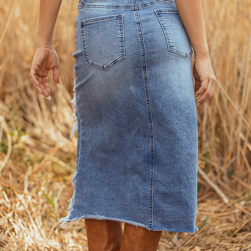 Gonna midi in denim a vita alta con dettagli strappati